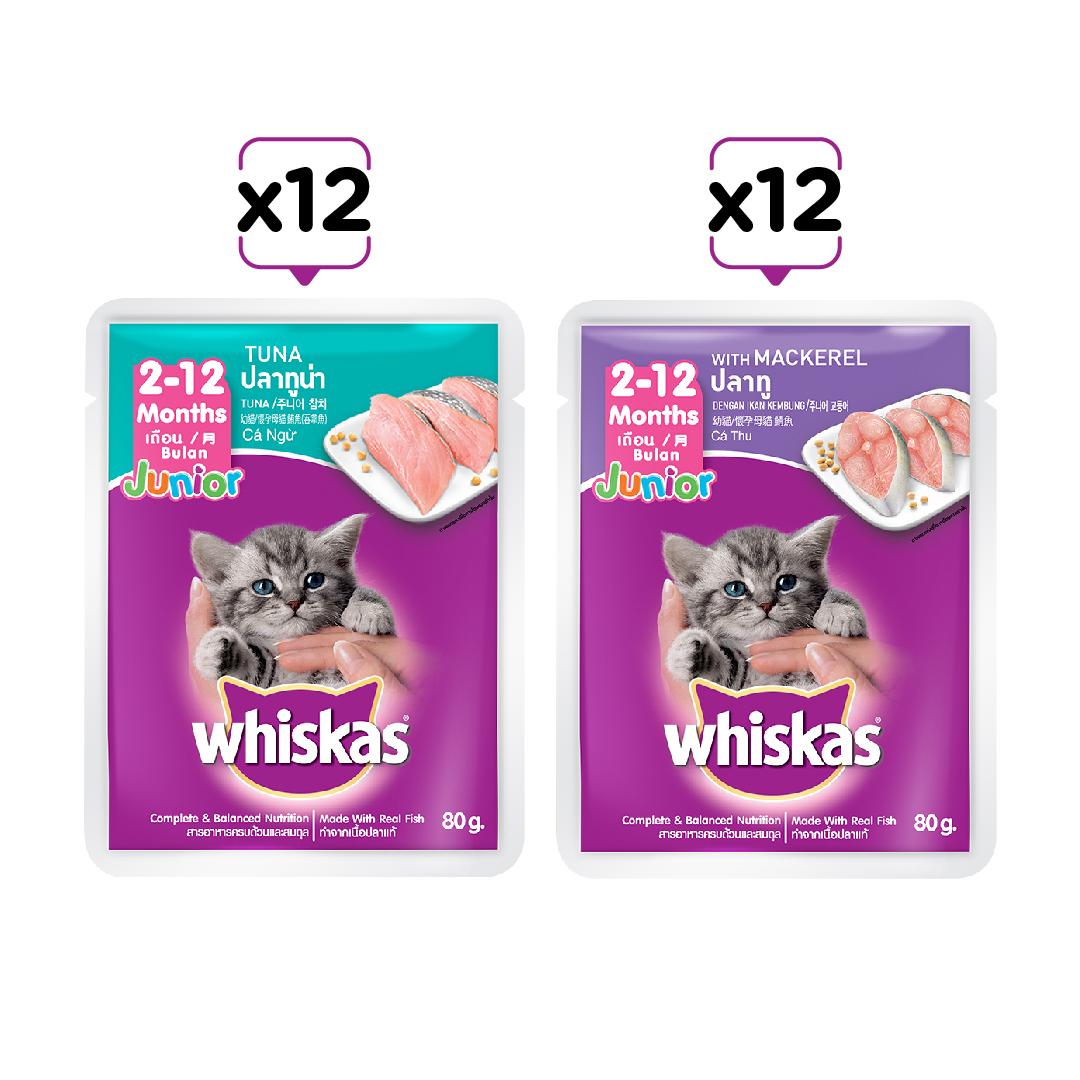 Combo Whiskas mèo con 80g mix 2 vị (cá ngừ + cá thu) - 24 túi