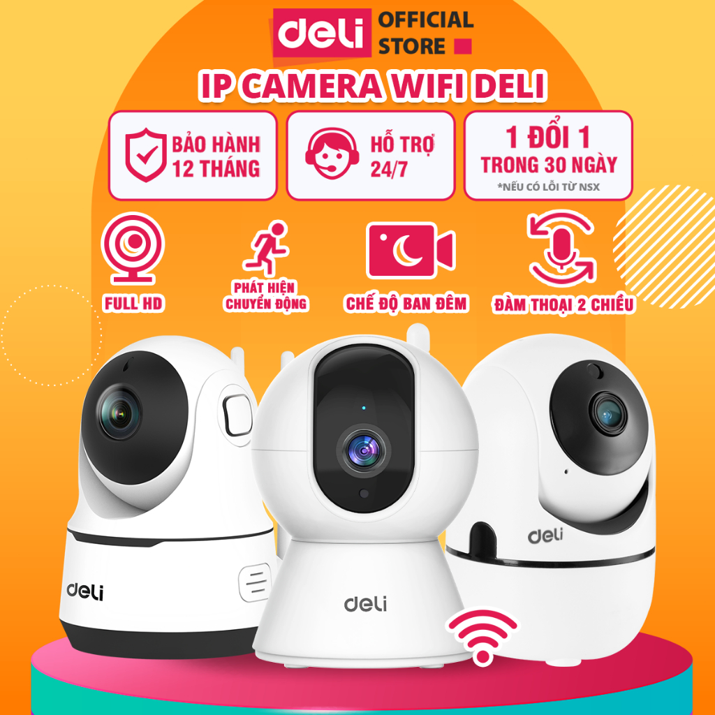 Camera WIFI IP DELI Hàng Chính Hãng Xoay 360 Độ Đàm Thoại 2 Chiều Mắt Nhìn Hồng Ngoại Theo Dõi Phát Hiện Chuyển Động