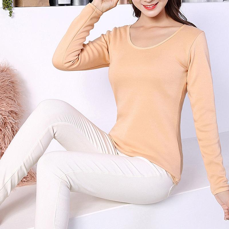 2XL Dài Tay 1 Lớp Nhung Nhiệt Quần Áo Nữ Mùa Đông Quần Lót Cổ Tròn Cơ Bản Cho Bình Giữ Nhiệt Cao Cấp Nữ Thứ Hai Da