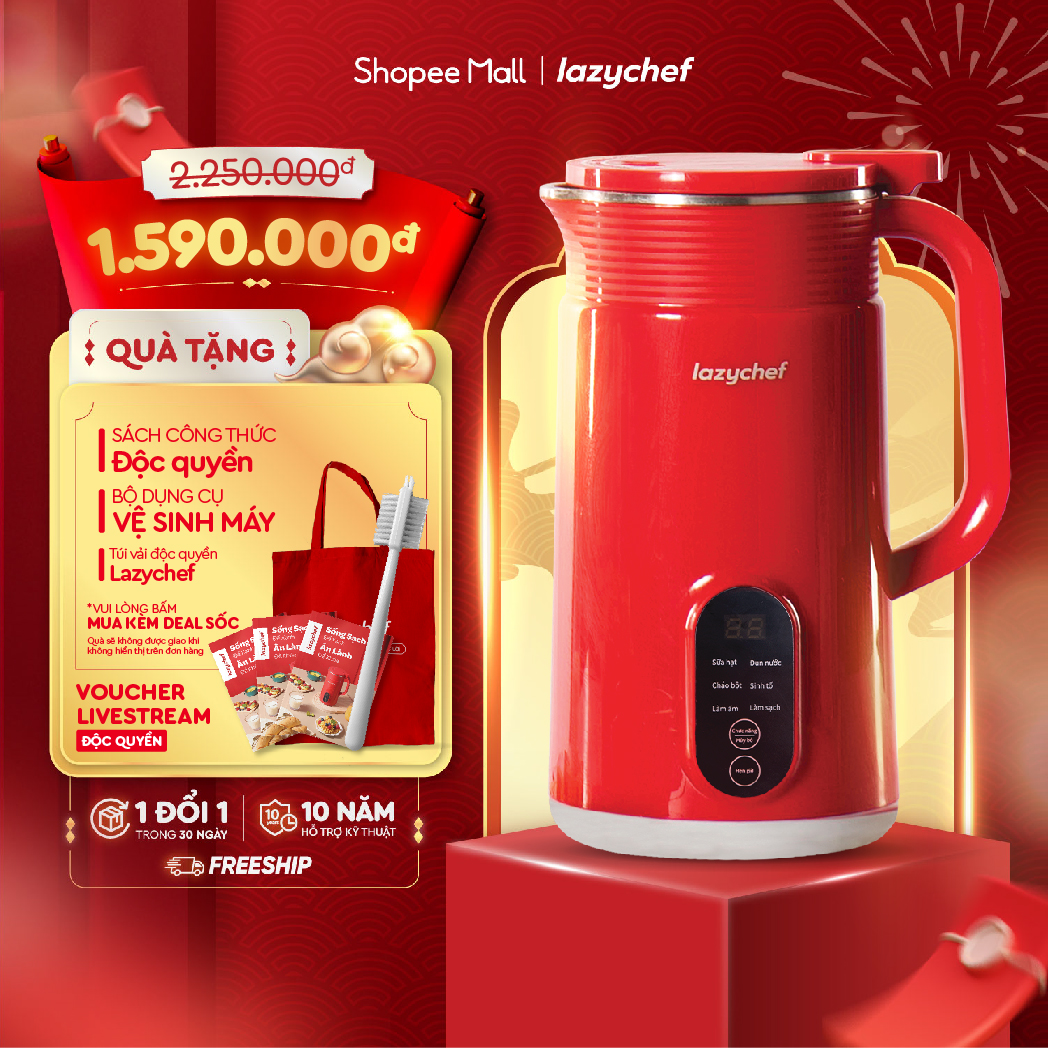 Máy Làm Sữa Hạt 5in1 Lazychef - Lô Mới 6 Lưỡi Dao Kép - Máy Xay Sinh Tố, Máy Làm Sữa Hạt - Dung Tích 800ml, Bảo Hành 12