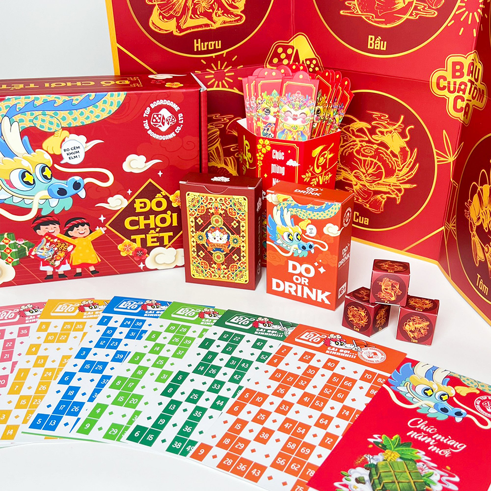 Combo Board Game Đồ Chơi Tết 2024 Đỏ gồm Bầu Cua Bài Tây Drinking Game Lô Tô Lì Xì Quẻ cho nhóm bạn vui chơi