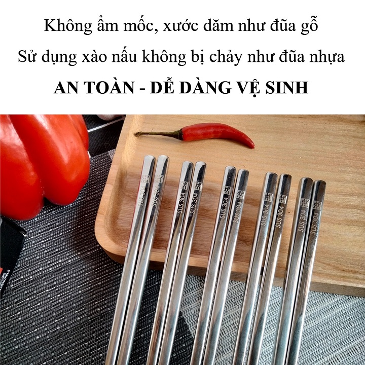 Set 5 đôi Đũa inox 304 dạng ống vuông chống trơn trượt xuất Đức hàng cao cấp