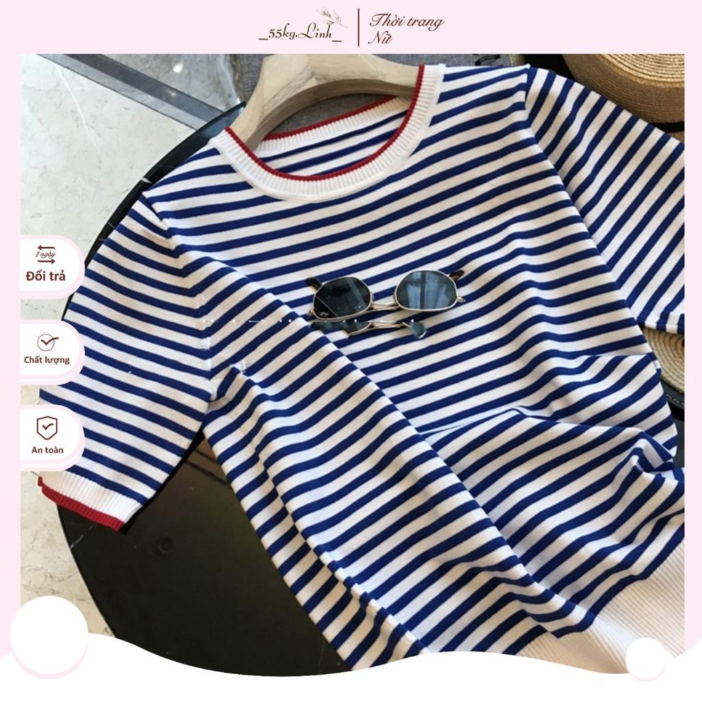 Áo dệt tăm polo cổ tròn form rộng dài, sọc Xanh Trắng viền gân