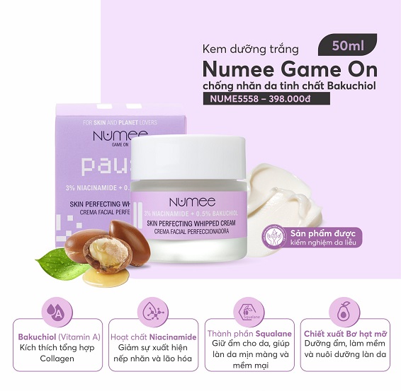 Kem dưỡng trắng Numee Game On chống nhăn da tinh chất Bakuchiol 50ML