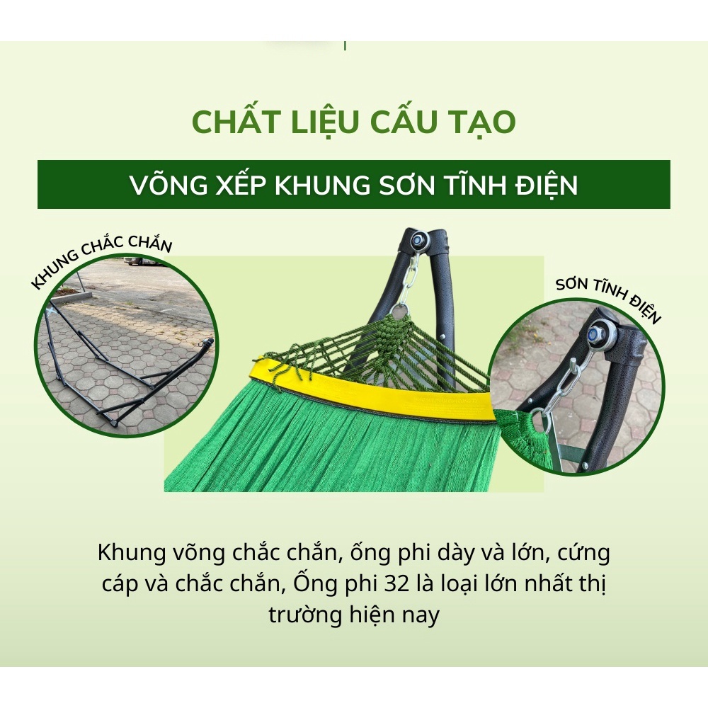 Võng Xếp Hoàng Nhân Khung Sơn Tĩnh Điện Phi 32 - Tặng Kèm Lưới Võng ( Chịu trọng lực 250kg )