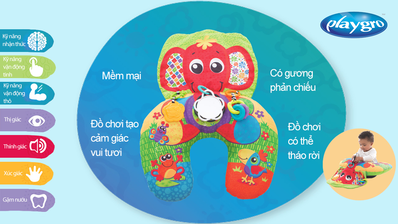 Gối chữ U kèm đồ chơi Playgro Elephant Hugs Activity Pillow, cho bé sơ sinh đến 24 tháng