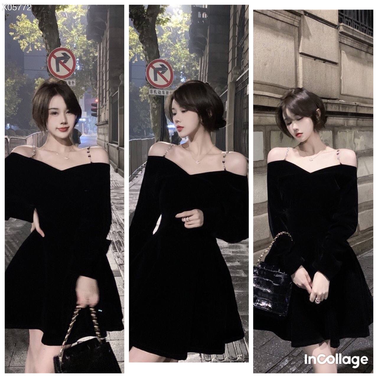 ĐẦM NHUNG SUÔNG TRƠN DÂY TRỄ VAI DỰ TIỆC GIÁNG SINH NOEL ĐEN