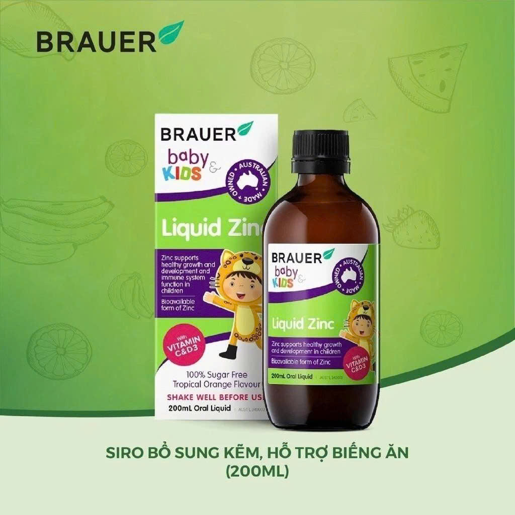 Siro Brauer bổ sung kẽm, vitamin C, D3 cho trẻ 1+  Liquid Zinc 200ml