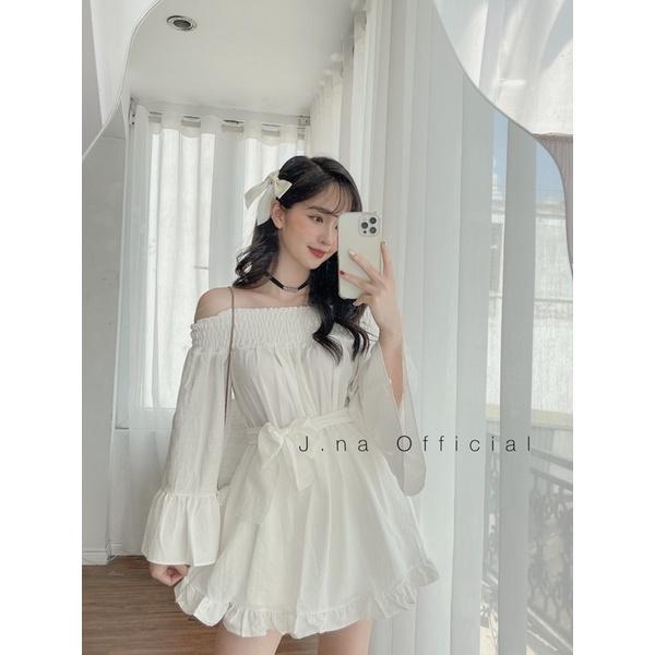Áo váy trễ vai nơ eo ngực Đầm trễ vai Jna Official