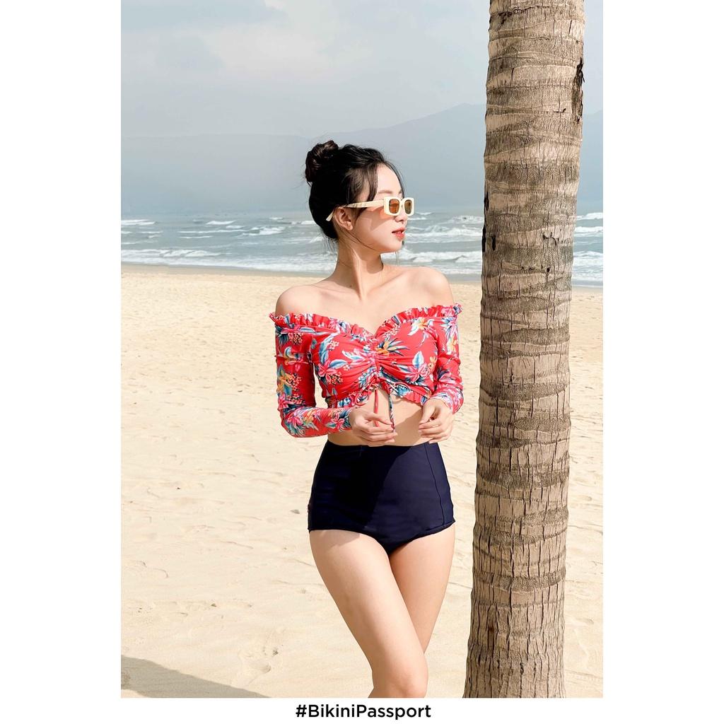 Áo bơi NỮ lẻ BIKINI PASSPORT kiểu tay dài phối nhún đường viền - màu Đỏ - BS333_RD