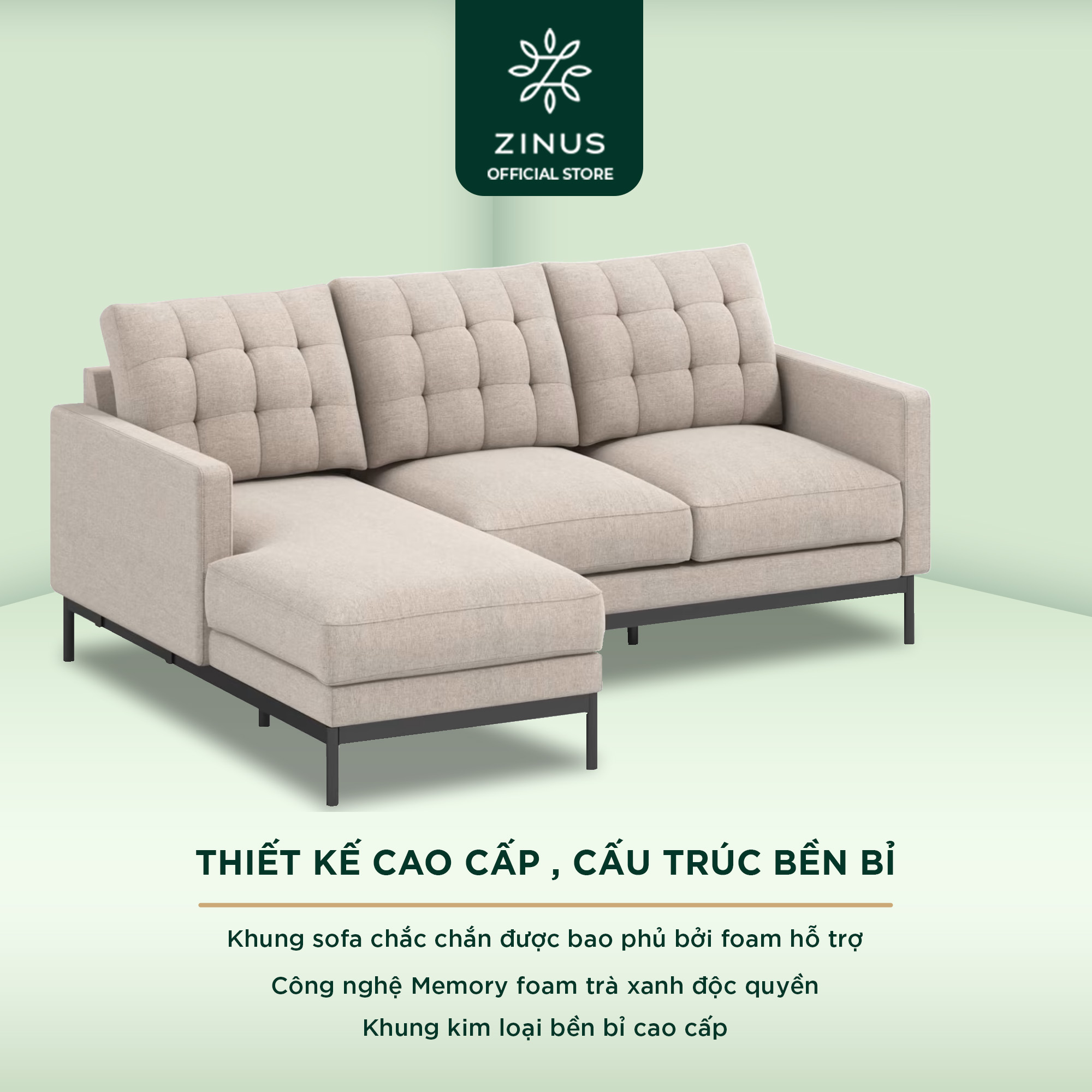 Ghế  Sofa Zinus Thompson Chữ L Hiện Đại Sang Trọng - Zinus Thompson 2 Seater with Chaise Sofa (L-Shaped) Beige