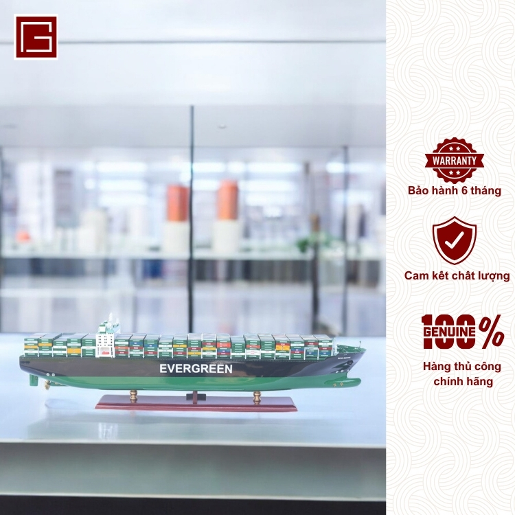 Mô Hình Thuyền Gỗ Phong Thủy Gia Nhiên, Thuyền Container Gỗ EVERGREEN, Tàu container hàng chính hãng