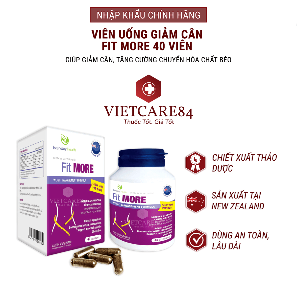 Viên uống giảm cân nhập khẩu chính hãng New Zealand FIT MORE  hỗ trợ giảm cân an toàn, tăng cường chuyển hóa chất béo, ức chế cảm giác thèm ăn