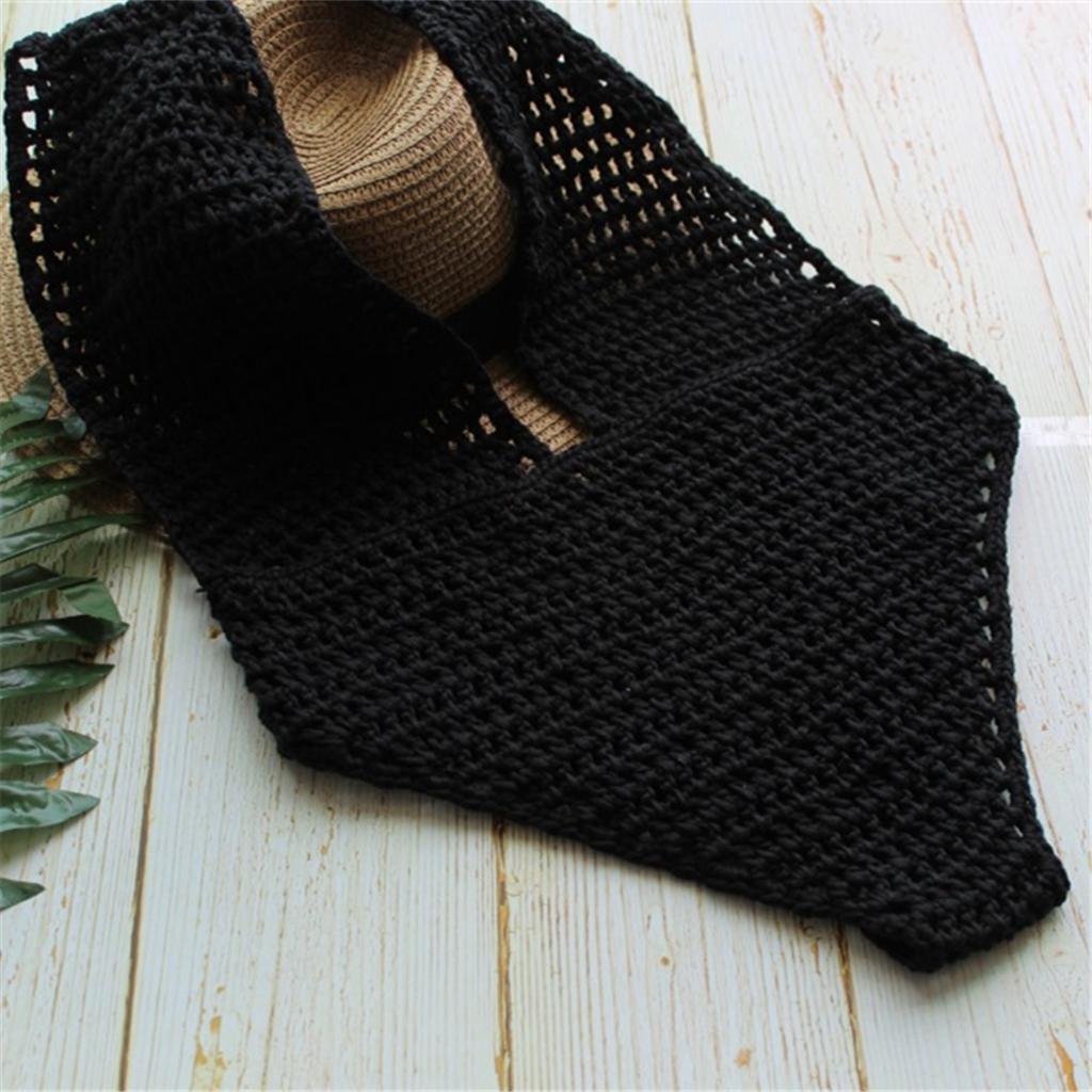 Women Black Crochet Knit Beach Bikini Monokini Halter Deep V-neck Swimwear S