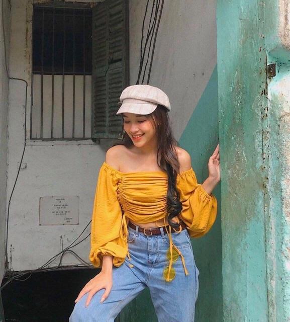 Áo rút dây đũi croptop bánh bèo