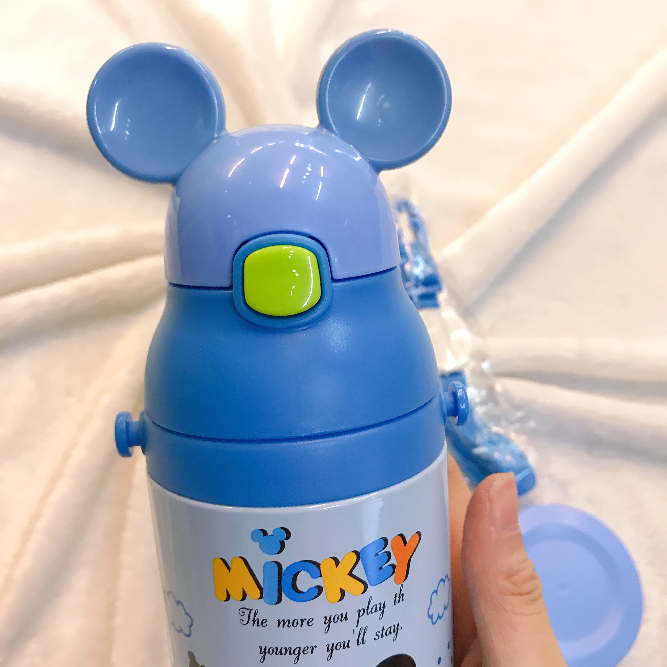 Bình nước giữ nhiệt 2 nắp hình chuột Mickey màu xanh viền silicon cho trẻ em, các bé, học sinh -  - WD-3430MK