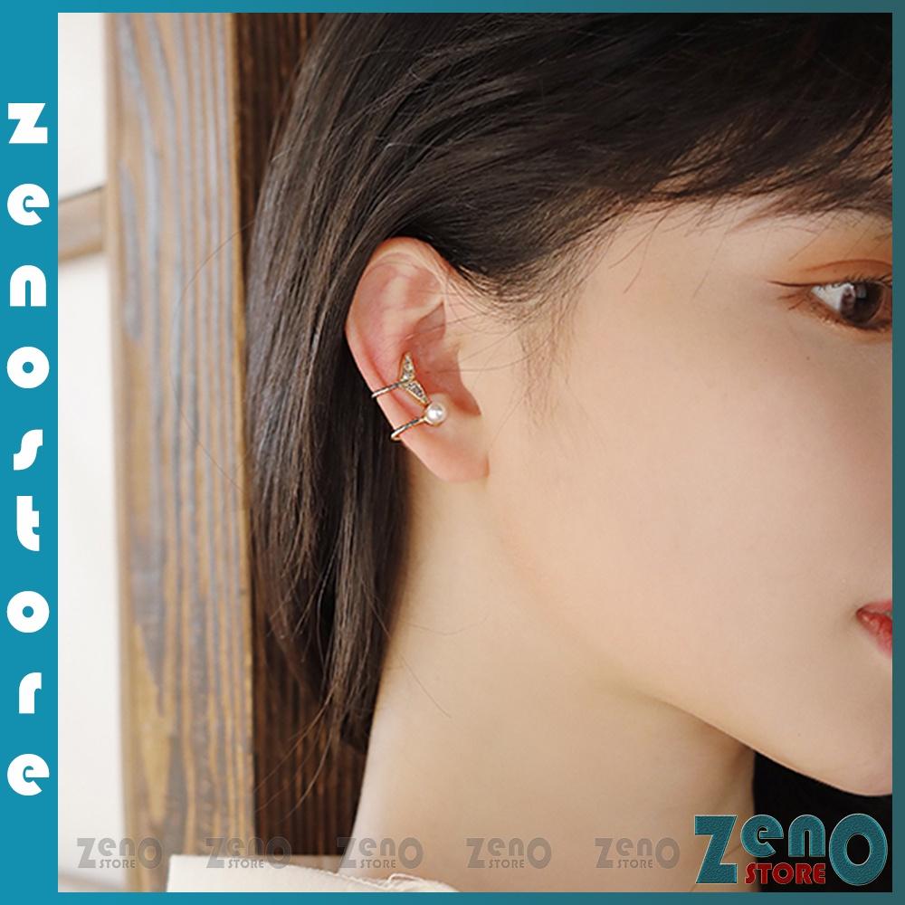 Bông tai kẹp ZenO mạ vàng đính đá, khuyên tai đuôi cá không cần đục lỗ tai