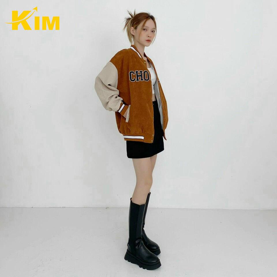 Áo khoác bomber nhung tăm Unisex Kim Freesize &lt; 65kg màu
