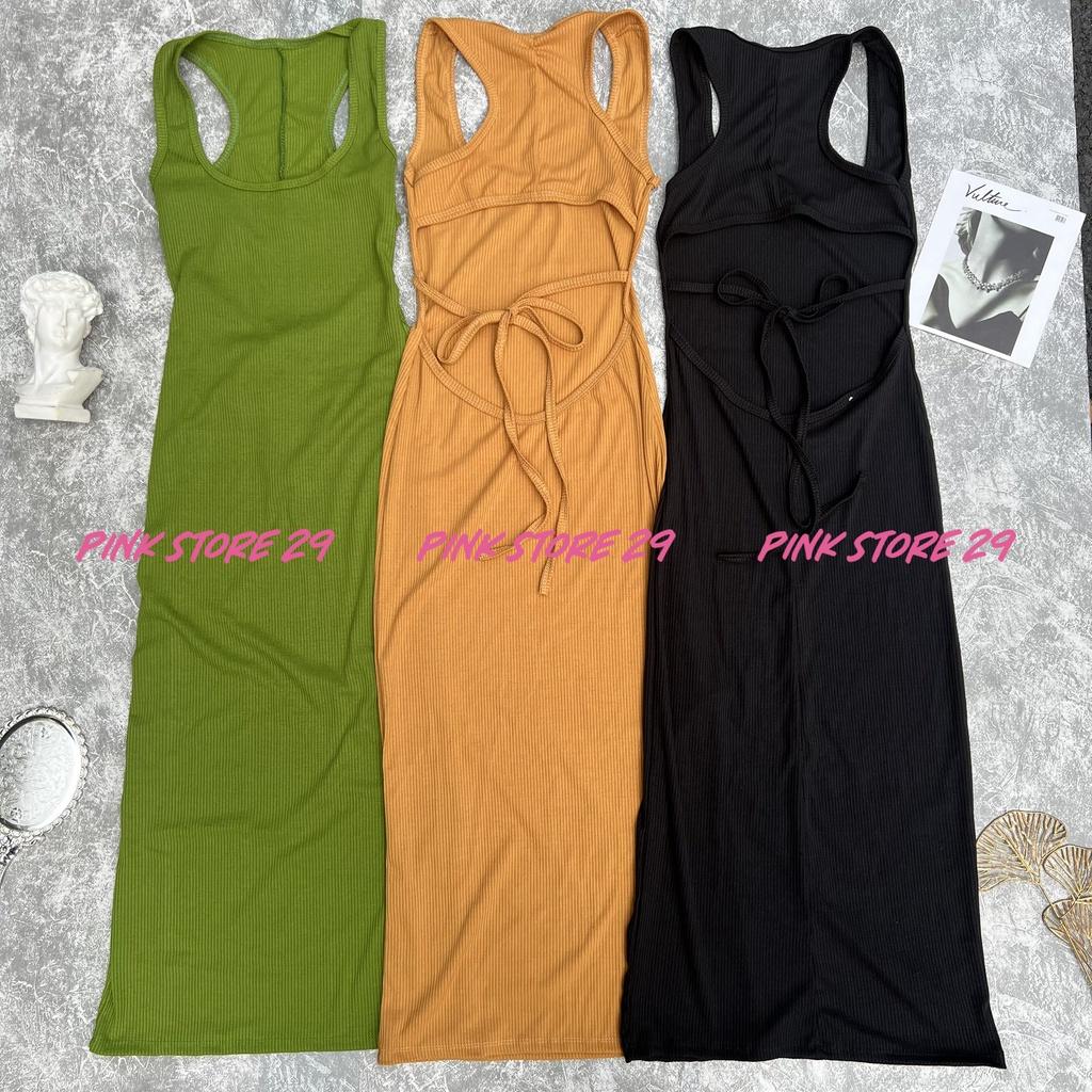 Đầm ba lỗ body dáng dài PINKSTORE29, cutout lưng cột dây ôm sát tôn dáng D071