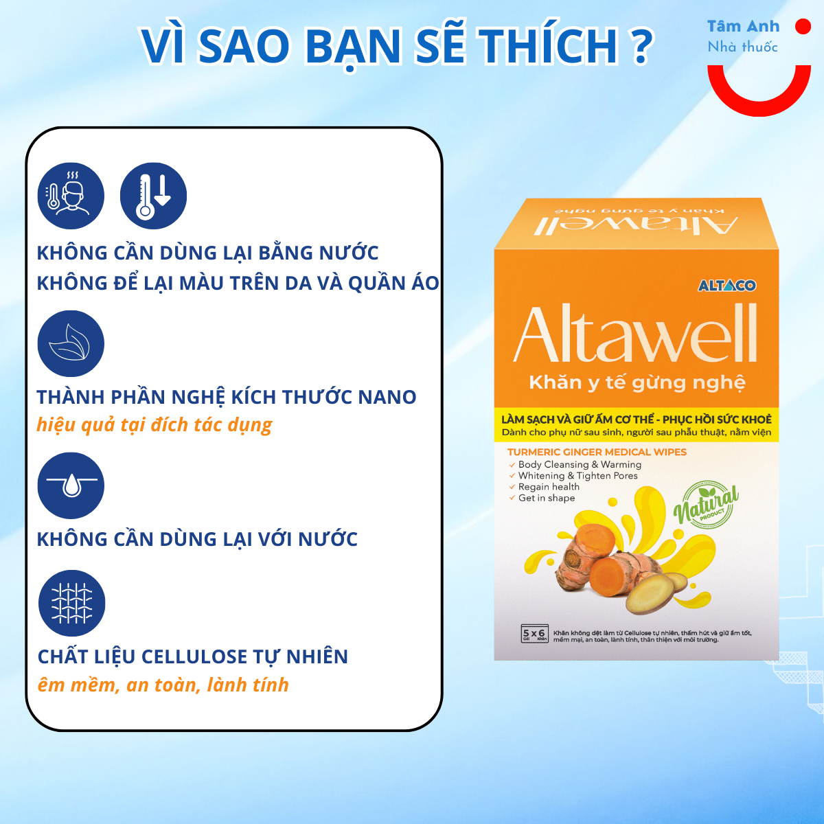 Altawell khăn lau gừng nghệ phục hồi sức khỏe