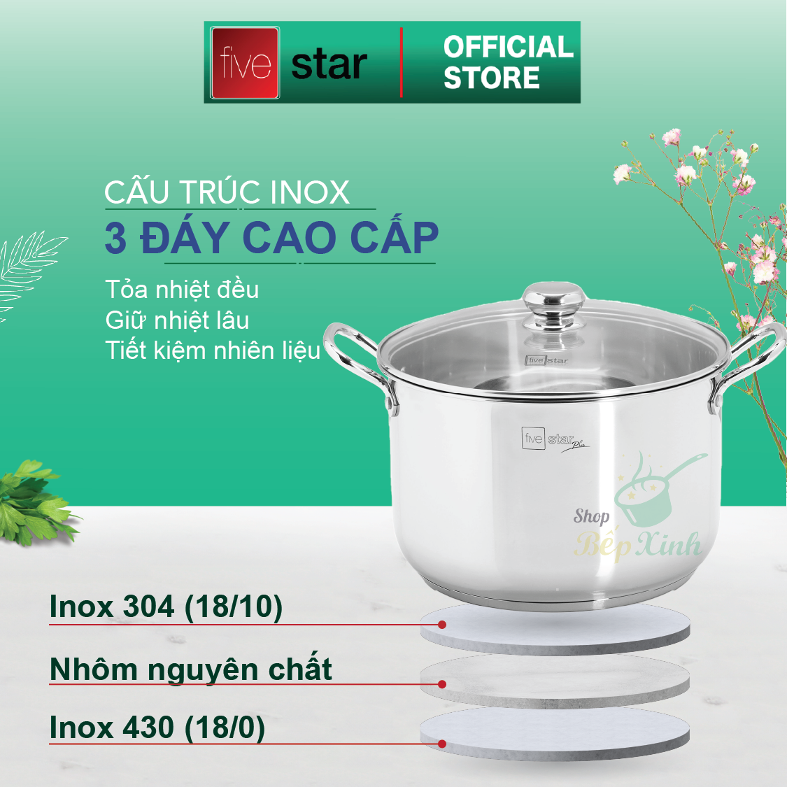 Nồi luộc gà inox 304 cao cấp Fivestar Plus 28cm nắp kính , 3 đáy dùng được bếp gas , hồng ngoại