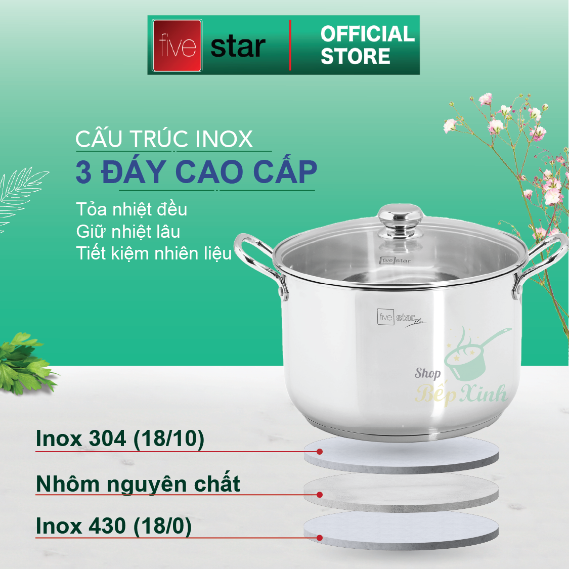 Nồi luộc gà inox 304 cao cấp Fivestar Plus 28cm nắp kính , 3 đáy dùng được bếp gas , hồng ngoại ( tặng 1 vá canh inox )