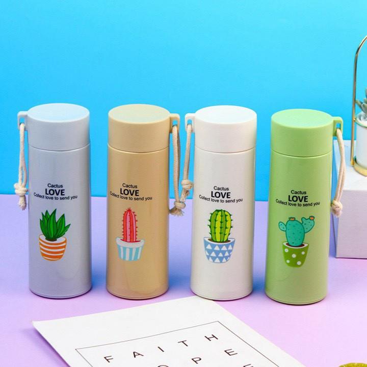 Bình đựng nước lõi thủy tinh dung tích 400ml họa tiết xương rồng xinh xắn