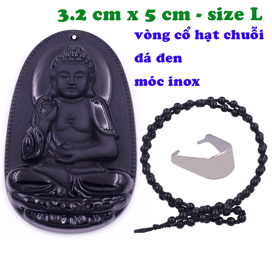 Mặt Phật A di đà đá thạch anh đen 5 cm kèm vòng cổ hạt chuỗi đá đen - mặt dây chuyền size lớn - size L, Mặt Phật bản mệnh