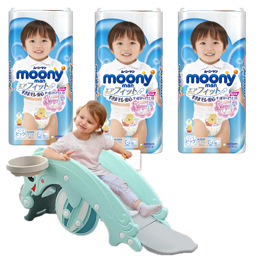 Combo 3 gói tã quần Moony cao cấp size XL38 BÉ TRAI tặng cầu trượt kiêm bập bênh