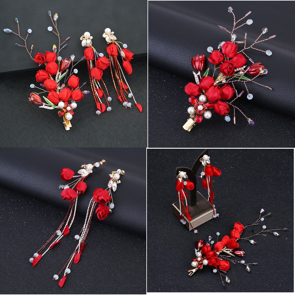 Set Hoa Cài Tóc Kèm Hoa Tai Đỏ 180 Số 5, Thiết Kế Ấn Tượng, Màu Sắc Nổi Bật, Tạo Điểm Nhấn Phong Cách Khi Làm Tóc, Dễ Kết Hợp Trang Phục Trong Sự Kiện Hoặc Đi Chụp Ảnh