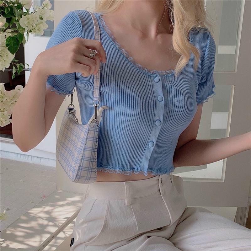 Áo croptop viền ren tay ngắn, 100% ảnh thật do shop chụp