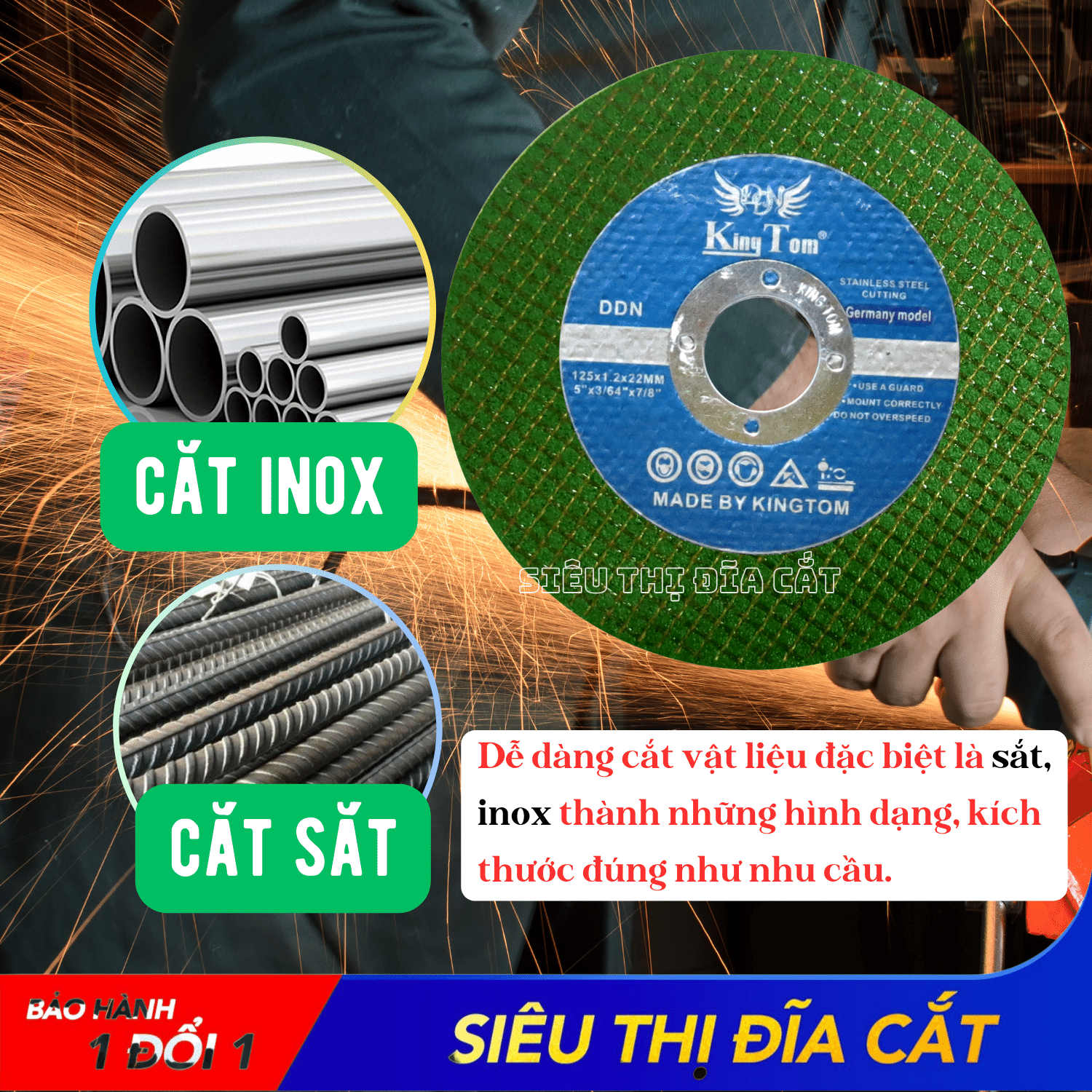Đá Cắt KingTom Xanh 125x1.2x22mm - Hộp 50 Viên, Cắt Sắc Bén Và Hạn Chế Bụi