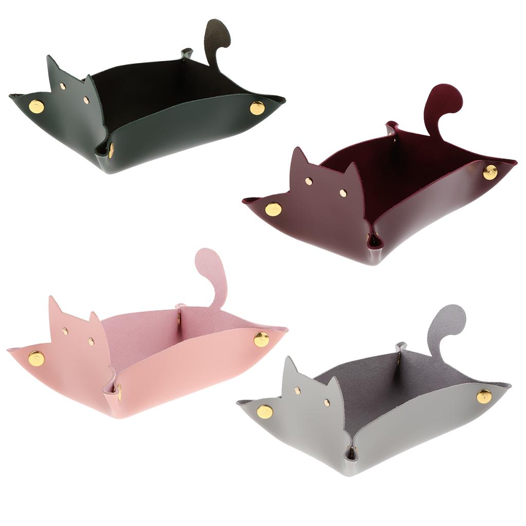 Cartoon Cat Key Storage Tray Change Organizer PU Leather Catchall  Red