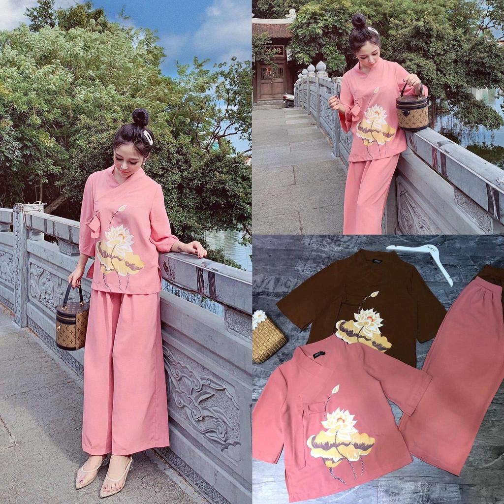 ĐỒ LAM ĐI CHÙA PHỐI HOA SEN THÊU CAO CẤP d6