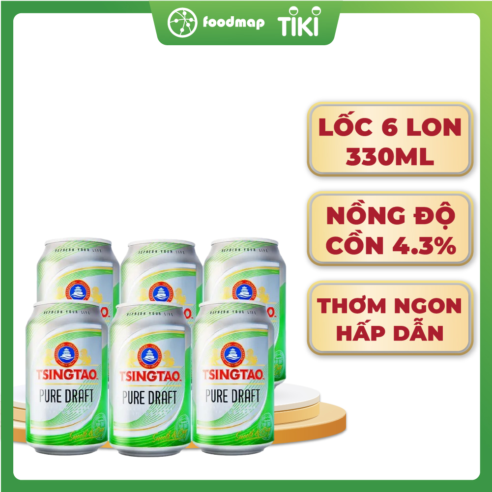 Lốc 6 lon bia Tsingtao Pure Draft (330ml/lon)