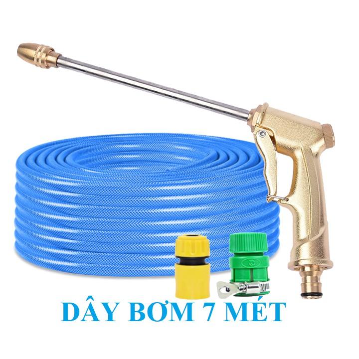 Bộ dây vòi xịt bơm nước tưới rửa , tăng áp 3 lần, loại 7m, 10m 206701-3 đầu đồng, cút,nối vàng+ mở chai