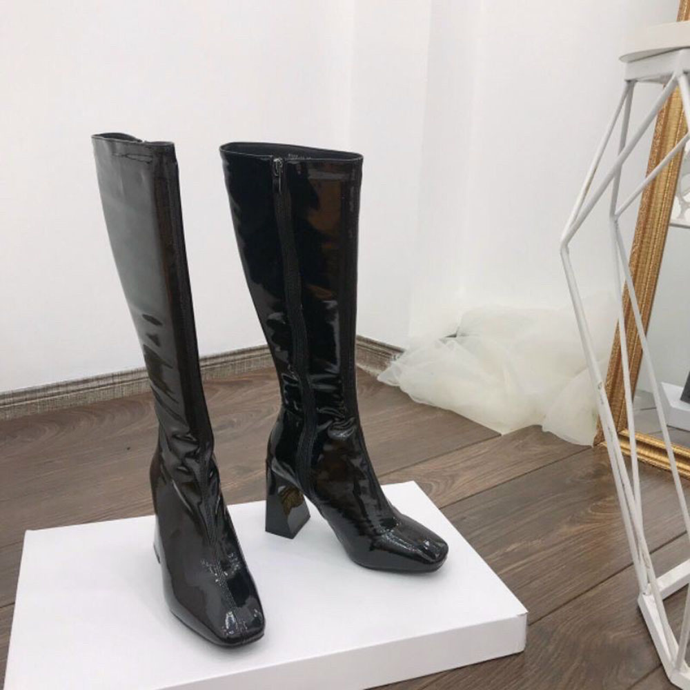 Bốt Boots Đùi DA BÓNG Khoá Cạnh Gót Vát 7p Cao Cấp  (XC60-1) Kèm Tất/Vớ Da Chân