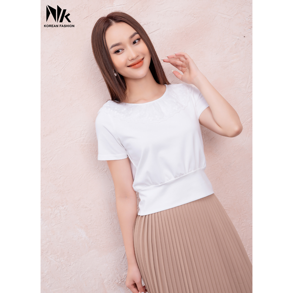 Áo Thun Nữ NK Fashion Thiết Kế Cổ Bèo Thanh Lịch, Chất Liệu Vải Nhập Khẩu Hàn Mềm Mại, Thoáng Mát NKAT2201006