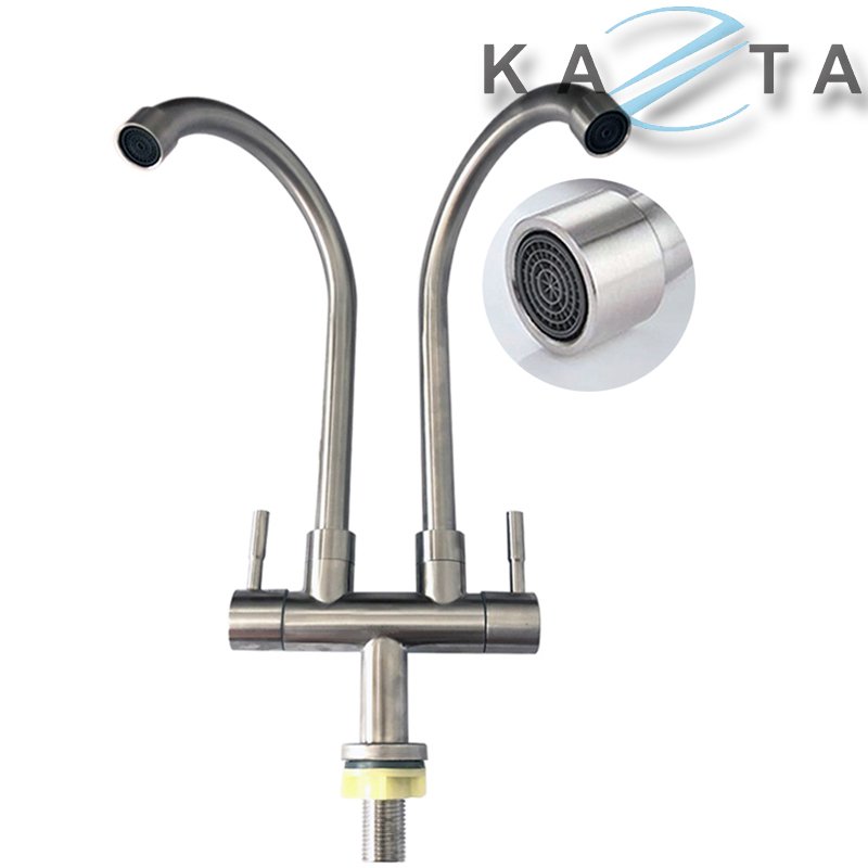 Vòi Rửa Chén Bát Lạnh KAZTA KZ-RCX2 Đôi Thân Tròn Inox Tiện Lợi 2 Vòi Liền Xả Nước 2 Chậu Cùng Lúc