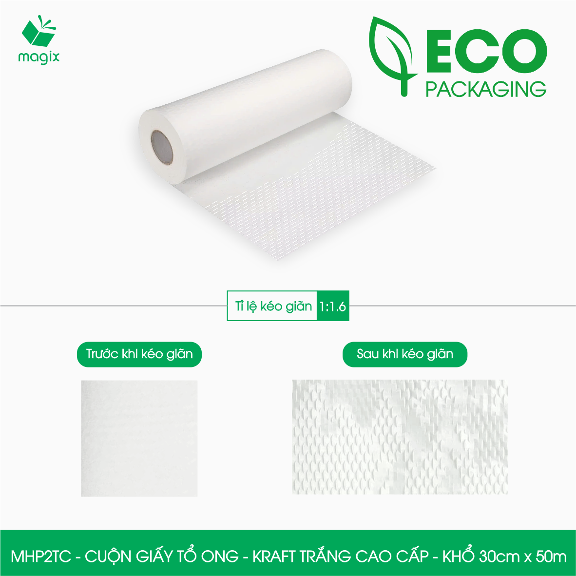 MHP2TC - 30cm x 50m - Cuộn giấy tổ ong chống sốc - Kraft trắng Cao Cấp - Giấy gói hàng, gói quà