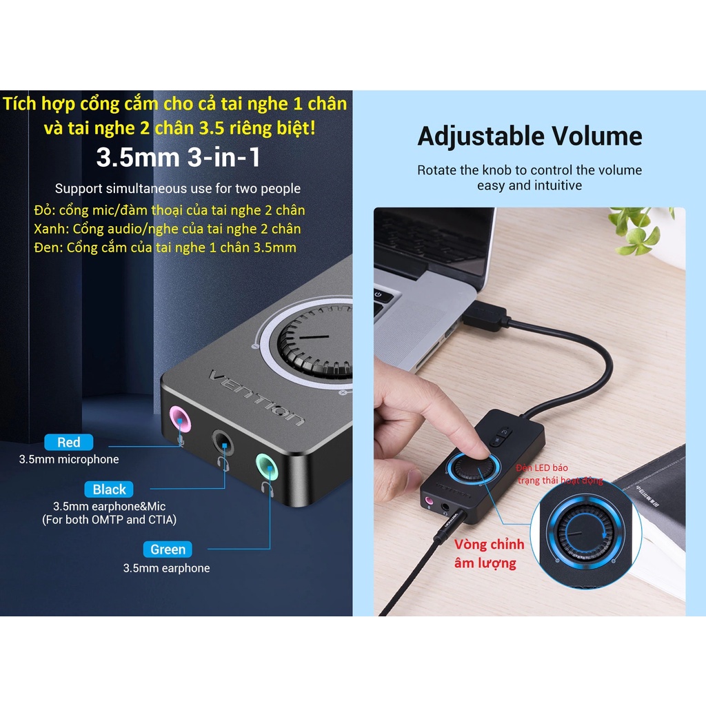 Card âm thanh / usb âm thanh tích hợp chuyển cổng Usb sang các cổng 3.5mm Vention CDRBB - Hàng chính hãng