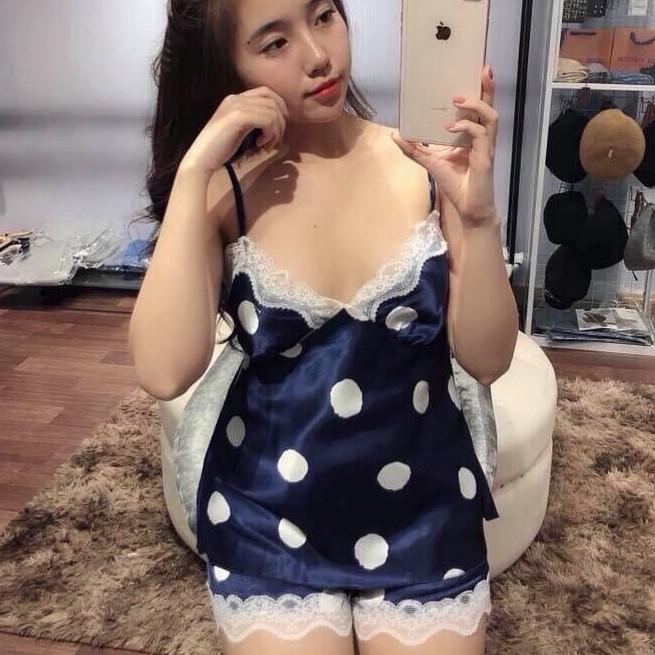 Đồ ngủ lụa hai dây chấm bi phối ren dễ thương hàng nhập cao cấp Kèm đệm ngực