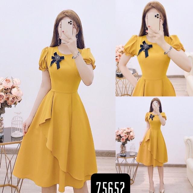 Đầm xoè Vàng tay phồng kèm hoa cài phụ kiện ( Size M/L/XL/2XL đến 69kg ) MMR