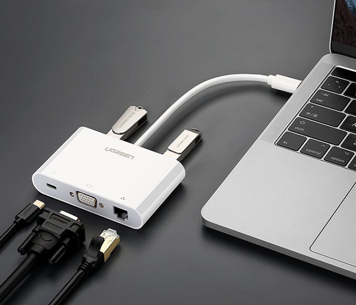 Cáp chuyển đổi đa chức năng USB Type C sang VGA + Hub USB 3.0 và USB2.0 hỗ trợ cổng Lan 10/100Mbps cao cấp UGREEN US182 30439 - Hàng Chính Hãng