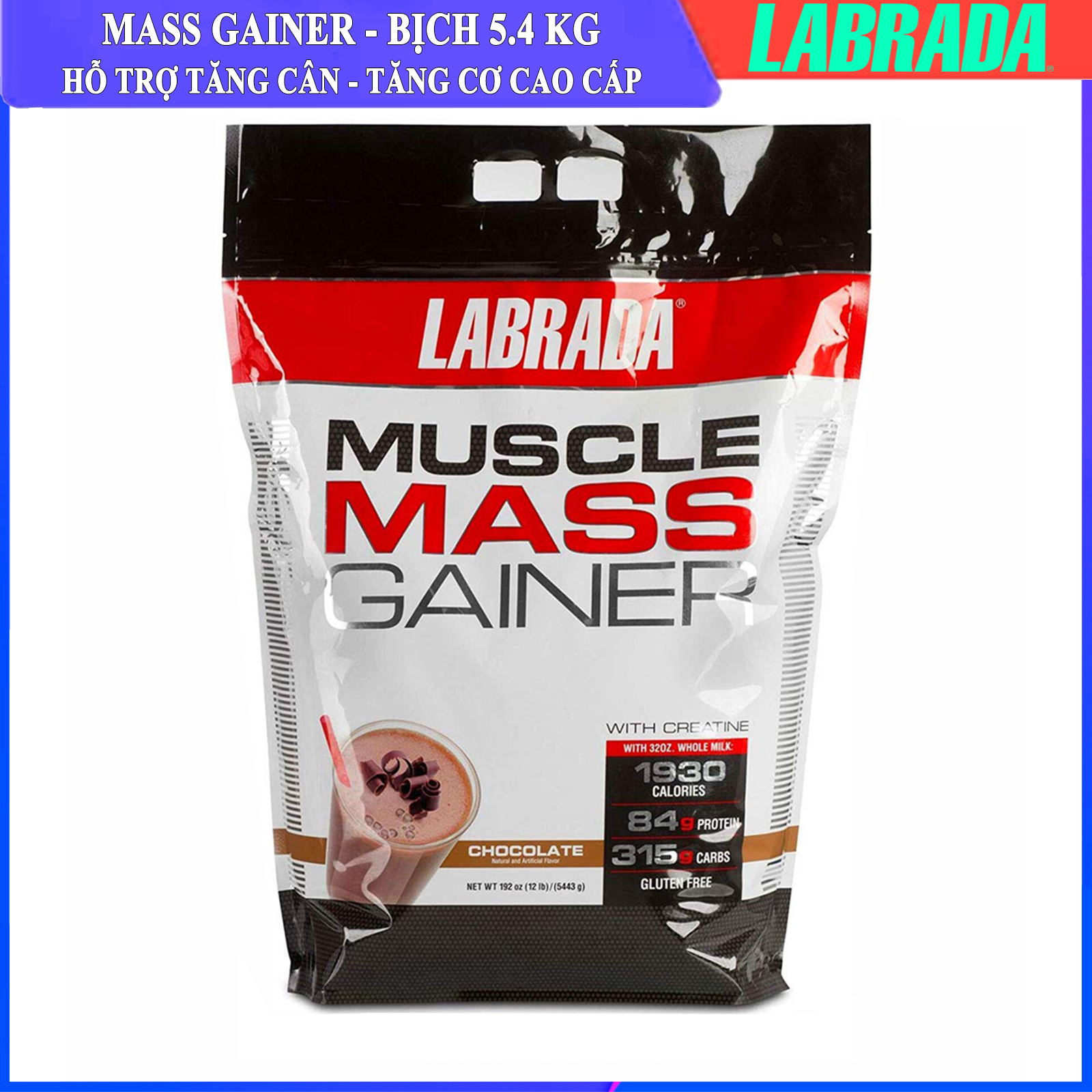 Sữa tăng cân tăng cơ cao cấp Muscle Mass Gainer hương Chocolate bịch 5.4 kg hỗ trợ tăng cân tăng cơ nhanh cho người gầy kén ăn, khó hấp thụ thức ăn tự nhiên