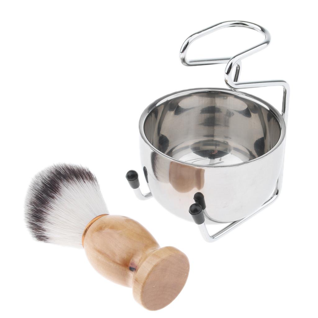 3pcs Natural Beech Wood Shaving Brush Bowl Mug Cup Stand Holder Kit For Men