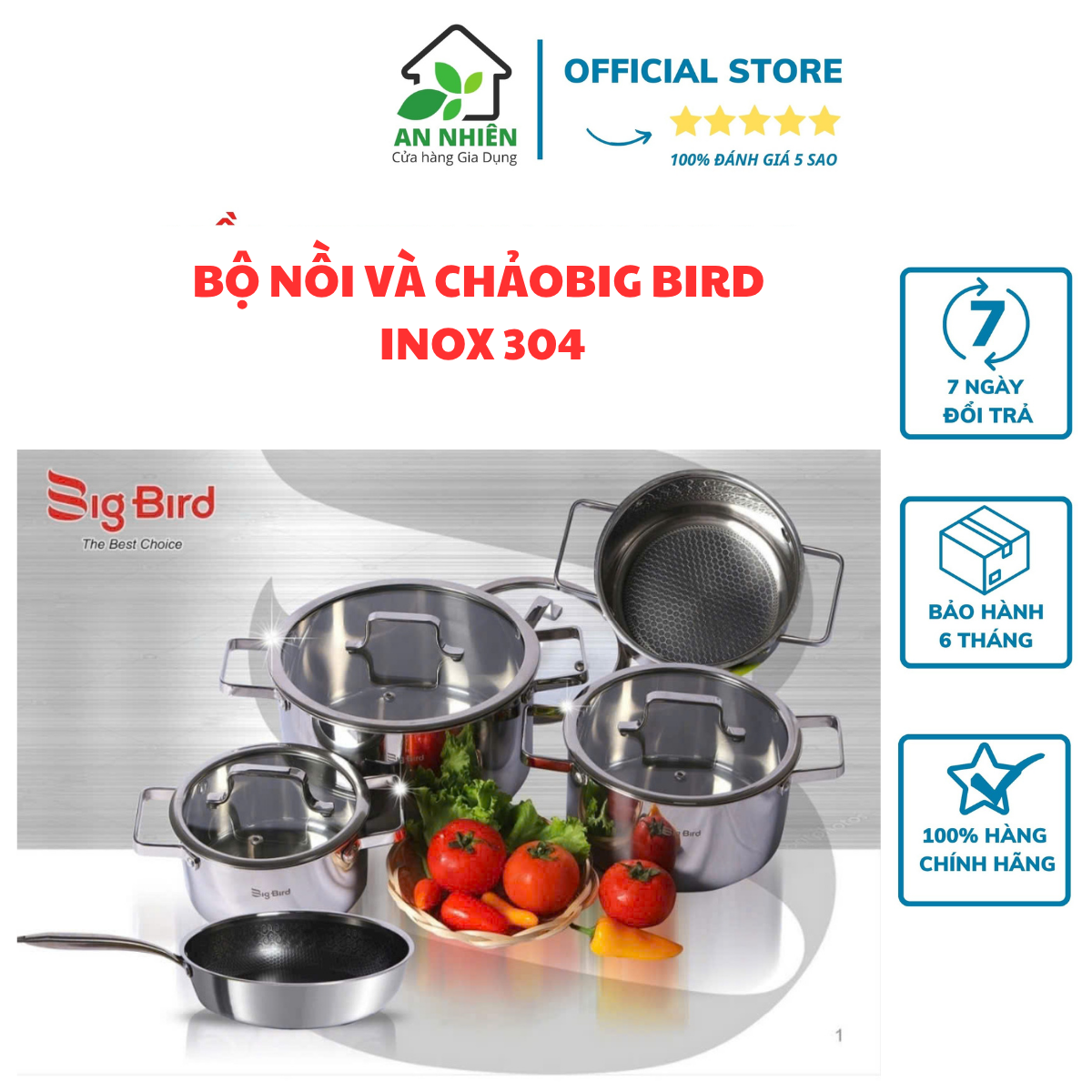 BỘ NỒI VÀ CHẢO BIG BIRD BLACK CUBE INOX 304 LIỀN KHỐI CAO CẤP, GỒM 1 CHẢO BIG BIRD INOX 304 SIZE 20 CM VÀ 4 NỒI GỒM SIZE 16CM, 18CM, 20CM, 24CM; NẮP KÍNH BẰNG, QUAI VUÔNG, DÙNG ĐƯỢC CHO MỌI LOẠI BẾP TỪ, HỒNG NGOẠI, GA