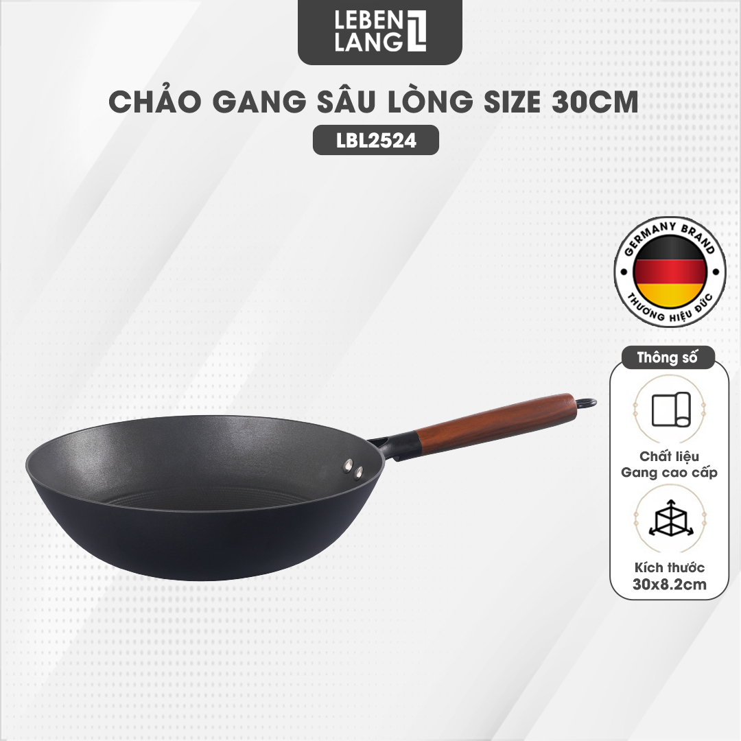 Chảo gang sâu lòng chống dính Lebenlang LBL2524, size 30cm, tay cầm gỗ dùng mọi loại bếp - hàng chính hãng
