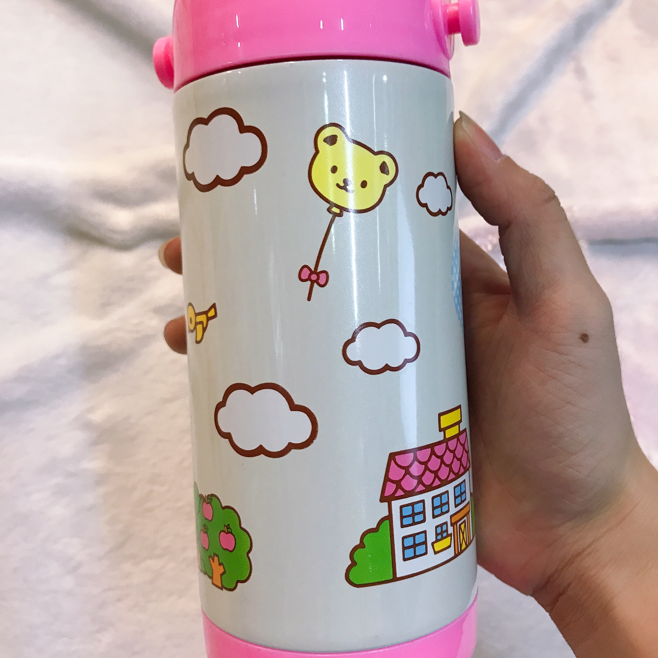 Bình nước giữ nhiệt hình mèo Kitty và gấu nắp trong suốt màu trắng hồng cho trẻ em, bé gái -  - KT3654TR