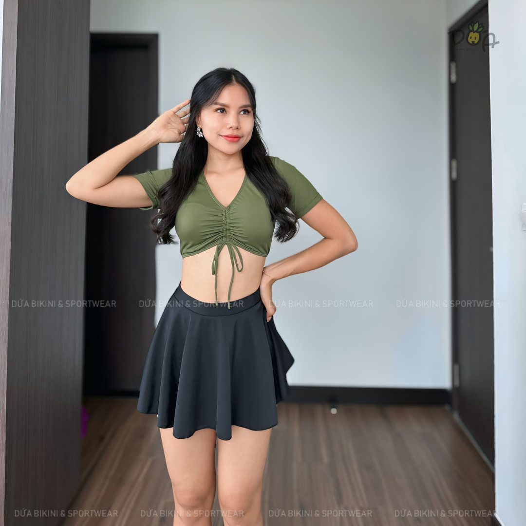 Đồ bơi nữ hai mảnh dáng váy xòe phối áo tay ngắn màu rêu | DỨA BIKINI &amp; SPORTWEAR